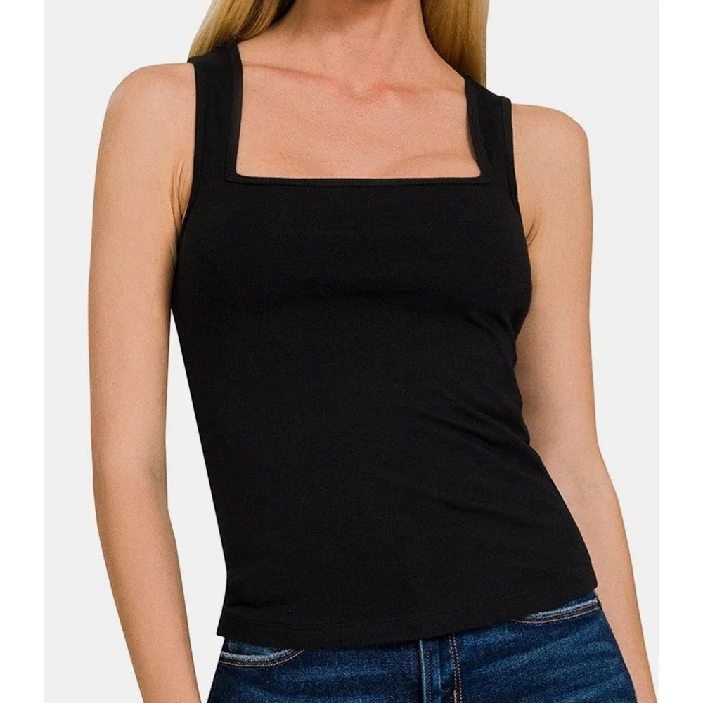 Zenana Black Square Neck Tank Top Sleeveless Knit Cami Basic Layering Tee
